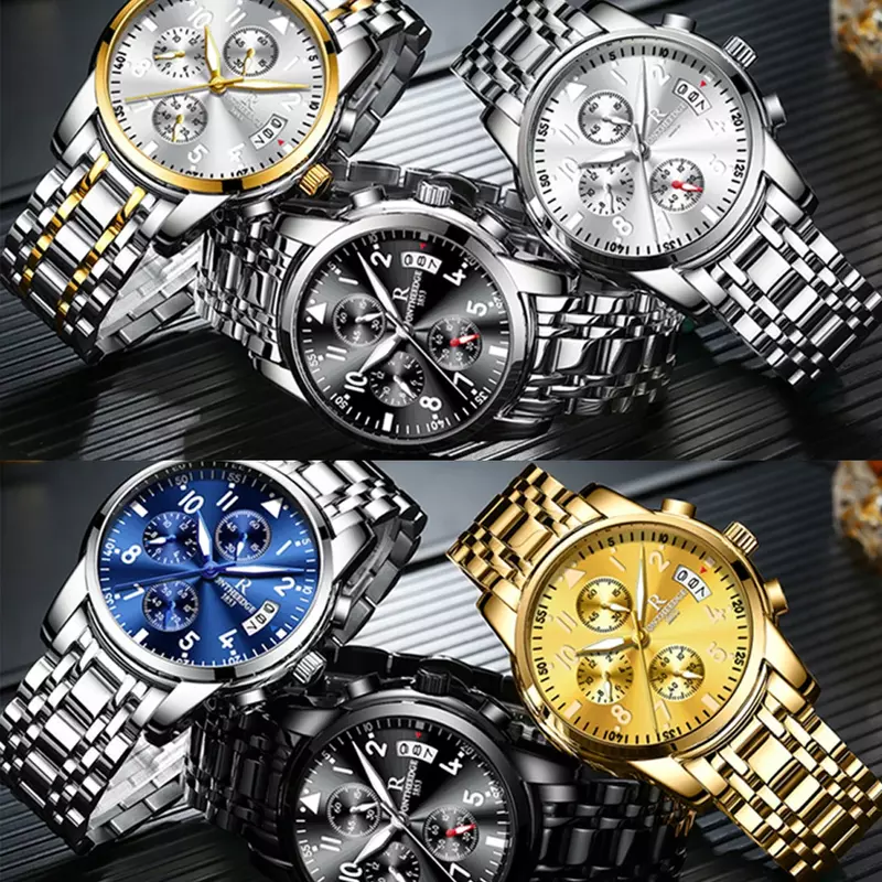 남성 드레스 시계, 최고 브랜드 럭셔리 골드 스테인레스 스틸 쿼츠 시계, 남성 빛나는 손목 크로노 방수 비즈니스 시계