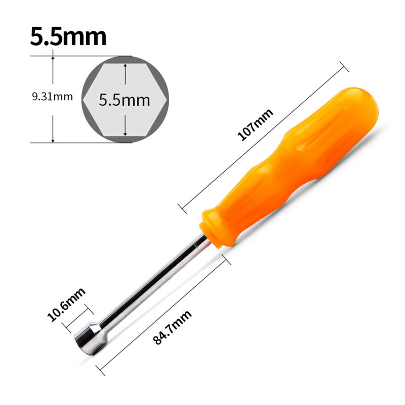 Llave de tuerca de vástago, broca de destornillador, llave de tubo de 6 ángulos, 190-200mm, 1 pieza, 5/5, 5/6/7/8/9/10mm, color naranja