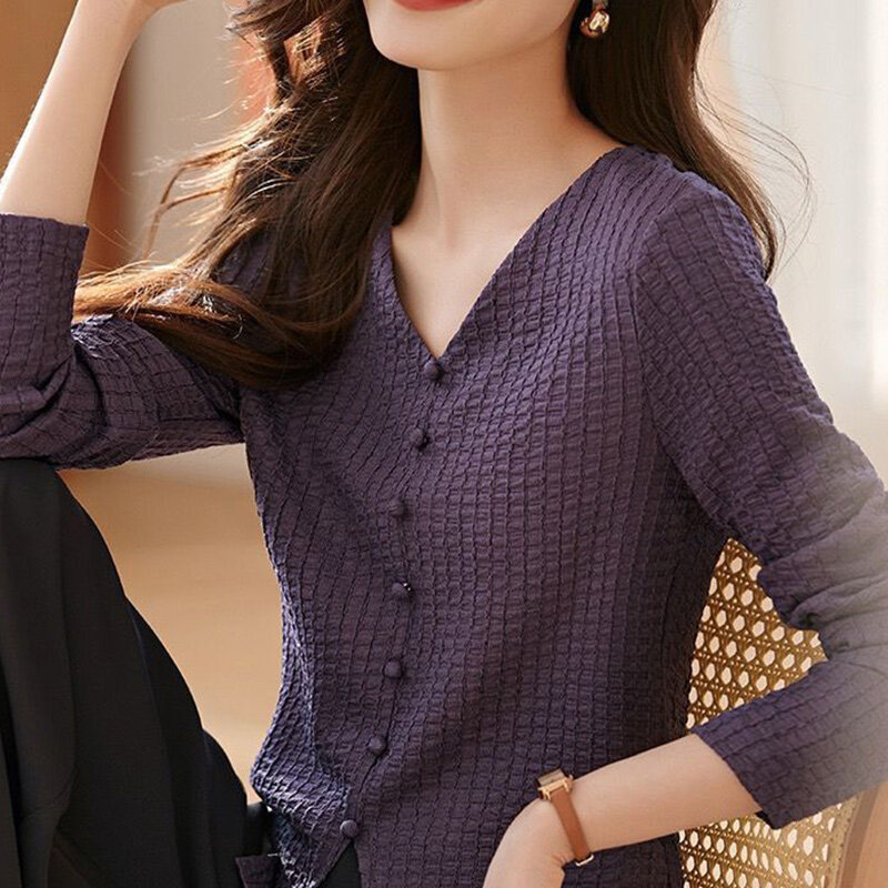 2024 New Summer Loose Casual Office Lady Retro Korean Style Elegant Fashion Damska koszula Solid V Neck Long Sleeve Y2K Chic Tops