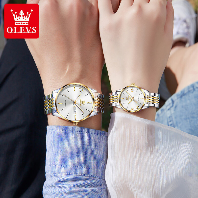 OLEVS nuovissimo orologio meccanico di lusso in acciaio inossidabile impermeabile luminoso settimana data moda coppia orologi per uomo e donna