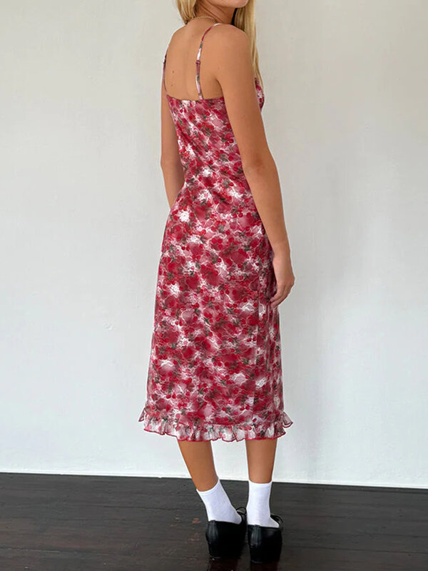 IAMSURE seksowne kwiatowe falbany sukienka o prostym kroju wakacje wąskie głęboki dekolt sukienki Maxi bez rękawów dla kobiet 2024 letnia moda damska