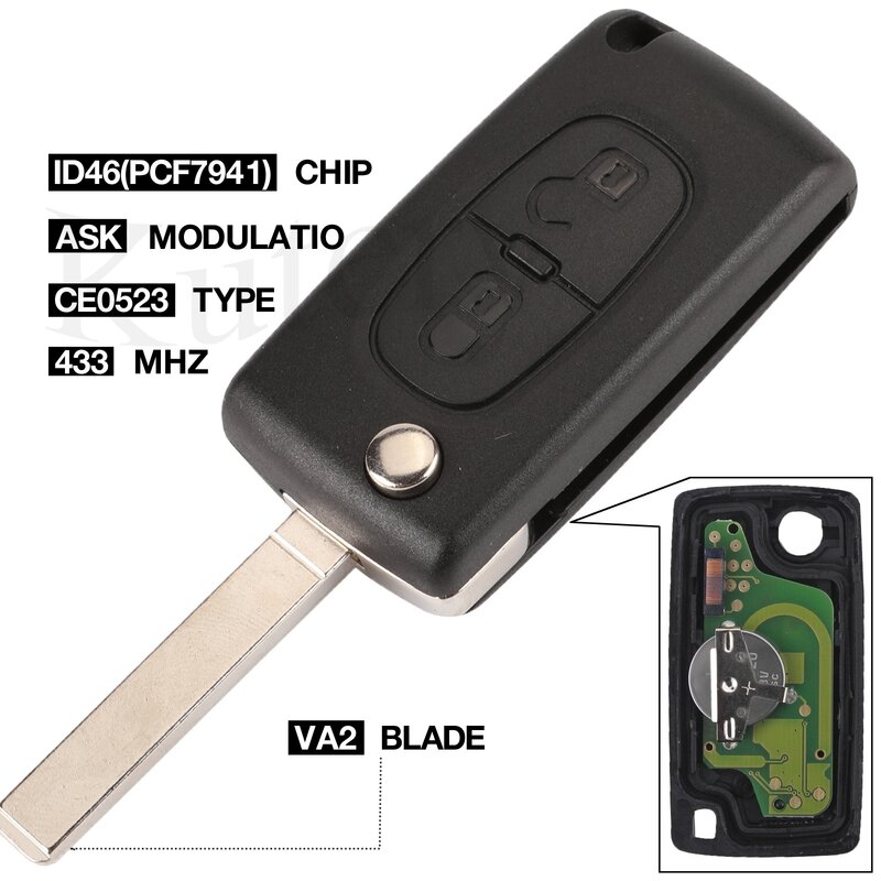 Kutery 433 МГц ID46 PCF7941 ASK Chip 2 кнопочный Автомобильный Дистанционный брелок для peugeot 207 307 407 VA2 Blade CE0523