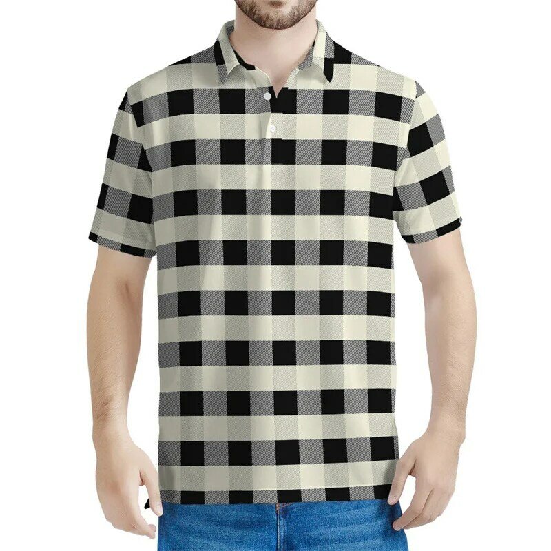 Рубашка-поло мужская с цветной графикой, клетчатая футболка с 3D принтом, повседневный Свободный Топ с коротким рукавом, с лацканами, на лето