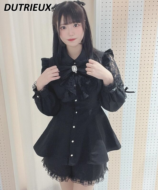 일본 스타일 로리타 마인 긴팔 상의, 귀엽고 슬림해 보이는 레이스 활 셔츠 및 베이스 반바지 투피스 세트, SC 세트, 신상