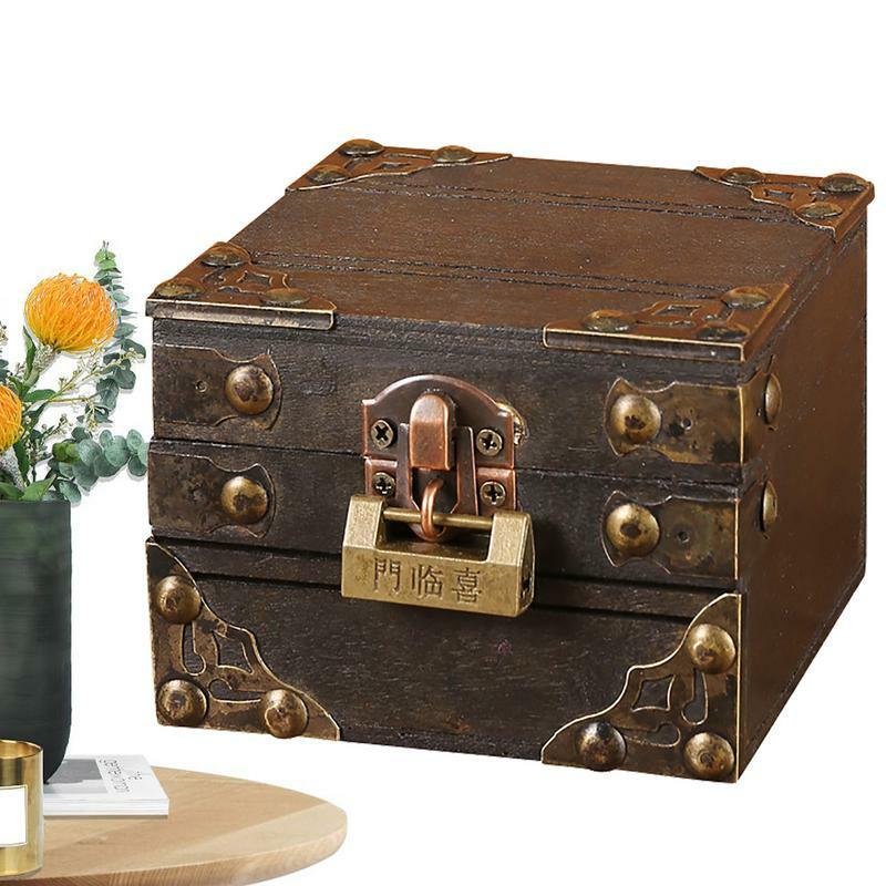 Mini drewniane pudełko do przechowywania w stylu Vintage blokada Retro pudełko do przechowywania biżuterii kuferek na skarby Organizer na biurko do domu dzieci prezent
