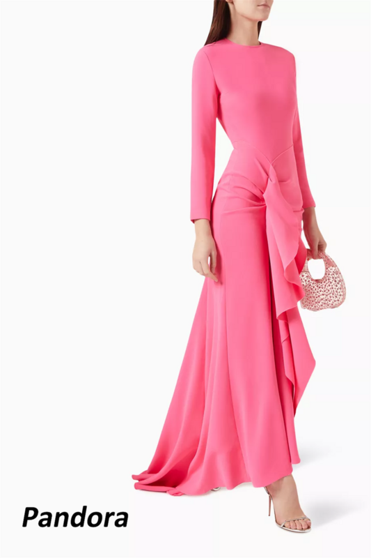 Pandora Elegant Pink Dubai Women's Formal Evening Dress with O Neck Ruffles Ankle-length Crepe Party Gown