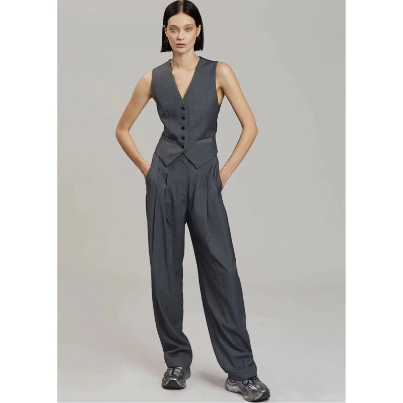 Fr@nki* Women's Suit Pants Wool Straight Loose Pants High Waist Solid Color Tailored Trousers Streetwear Full Length