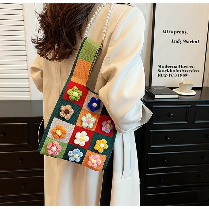 Pearl Chain Shoulder Bag Ins 3D Knitting Flower Handmade Shopping Bags Large-capacity Tote Bag Women