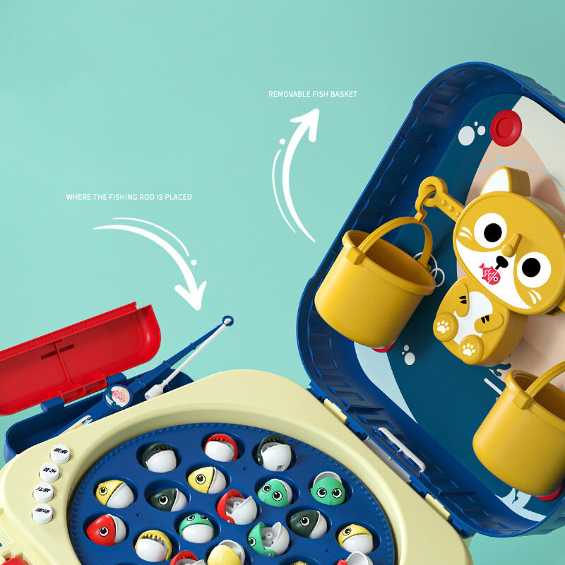 Montessori mainan permainan memancing magnetik, kantung memancing berputar elektrik musik multifungsi, interaktif orang tua anak
