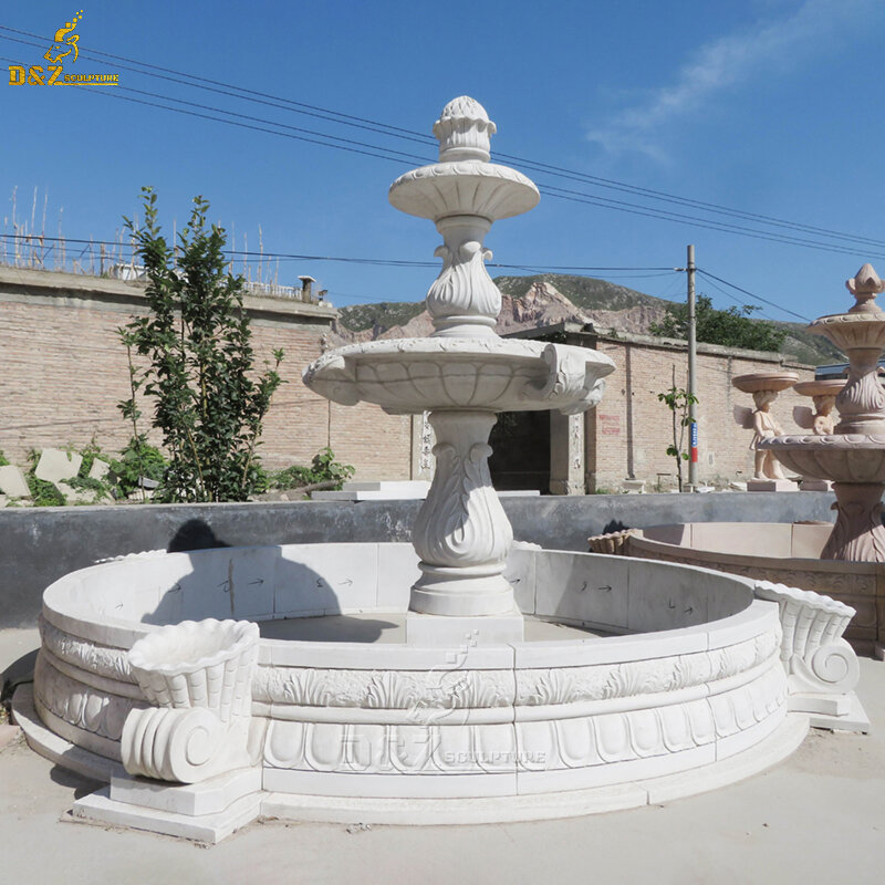 Fontaine d'eau en marbre sculptée à la main, grand jardin extérieur, piscine en pierre de granit blanc et gris, 3 niveaux