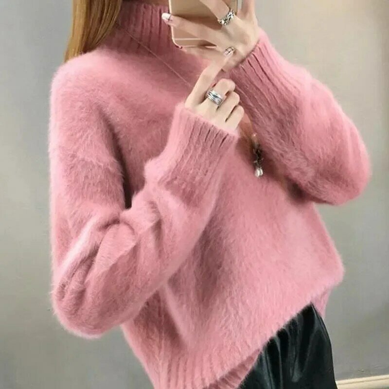 Новинка 2023, вязаный женский мохеровый свитер, свободная Водолазка с длинным рукавом, повседневный Однотонный пуловер, зимний теплый свитер