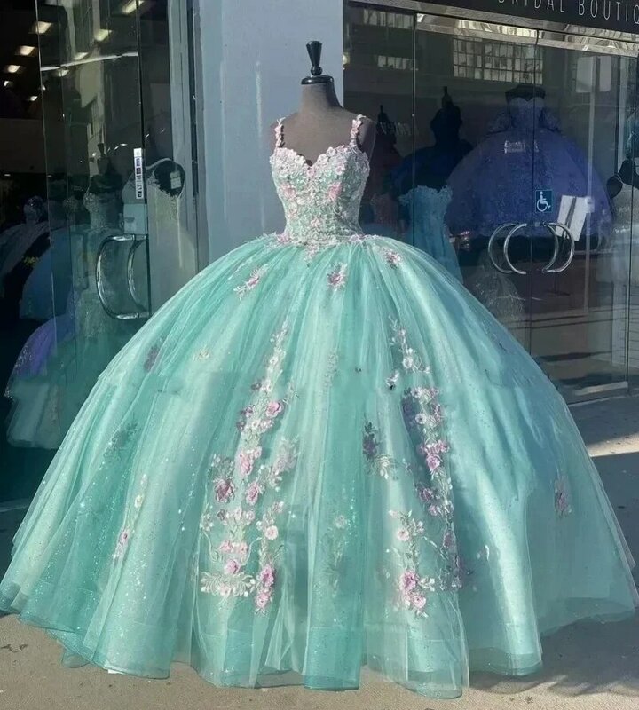 Vestidos Sweet Princess Quinceanera, Fora do ombro, Applique 3D, Sweet 16 Ball Gown, Menta, Festa de 15 anos