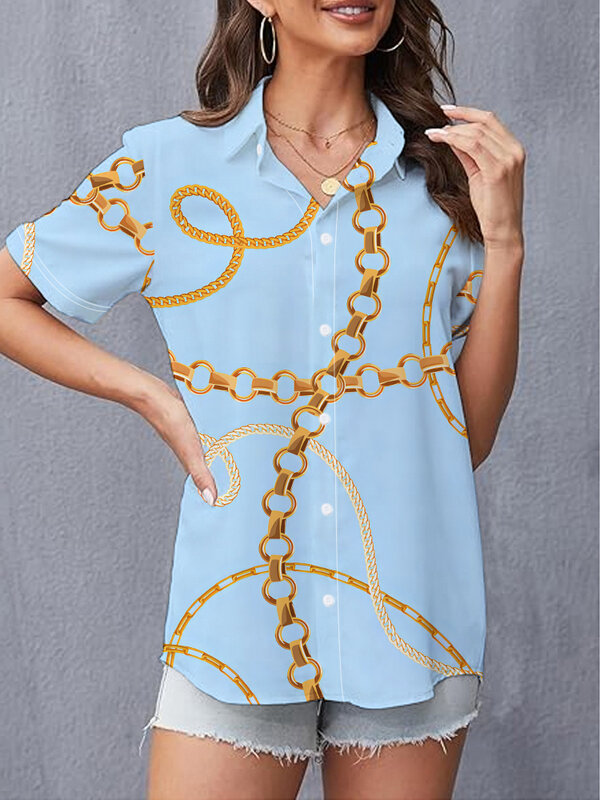 Модная женская Свободная Повседневная новая рубашка с коротким рукавом, 3D рубашка с цифровой печатью и цепочкой, популярная рубашка на заказ