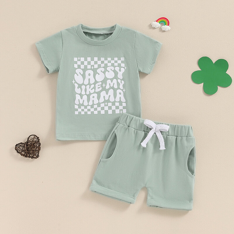 Set pakaian bayi perempuan lengan pendek, set atasan motif huruf kerah kru lengan pendek hijau, set celana pendek tali serut untuk bayi perempuan