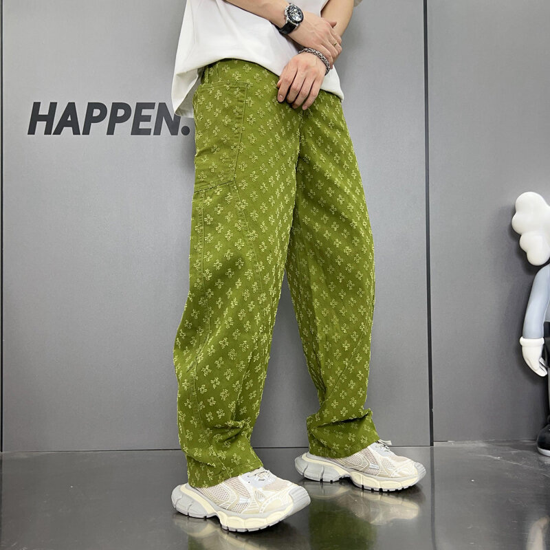 Pantalones vaqueros de hip hop de alta gama para hombre, pantalones de pierna ancha de pierna recta, sueltos, estampados de moda callejera, 5 colores