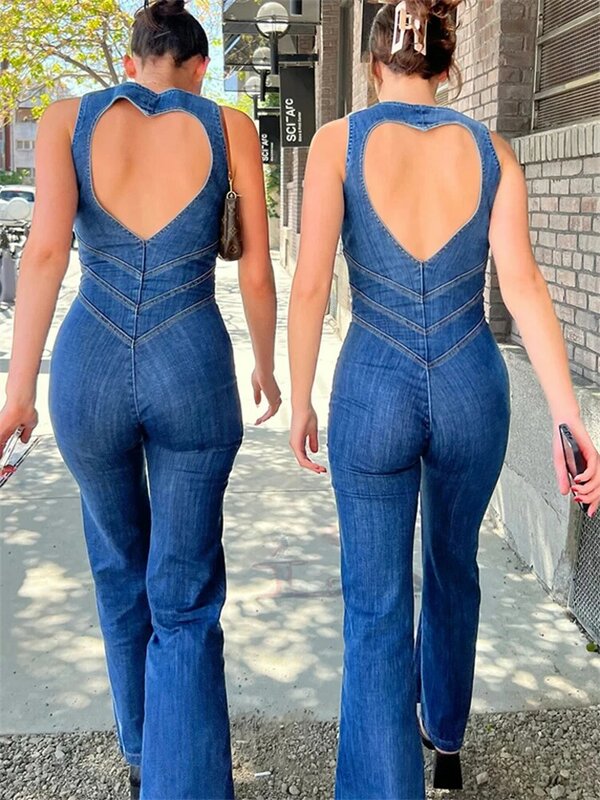 Женский Облегающий комбинезон TARUXY с открытой спиной, повседневный облегающий слитный костюм без рукавов, джинсовые комбинезоны в стиле ретро, новинка 2023