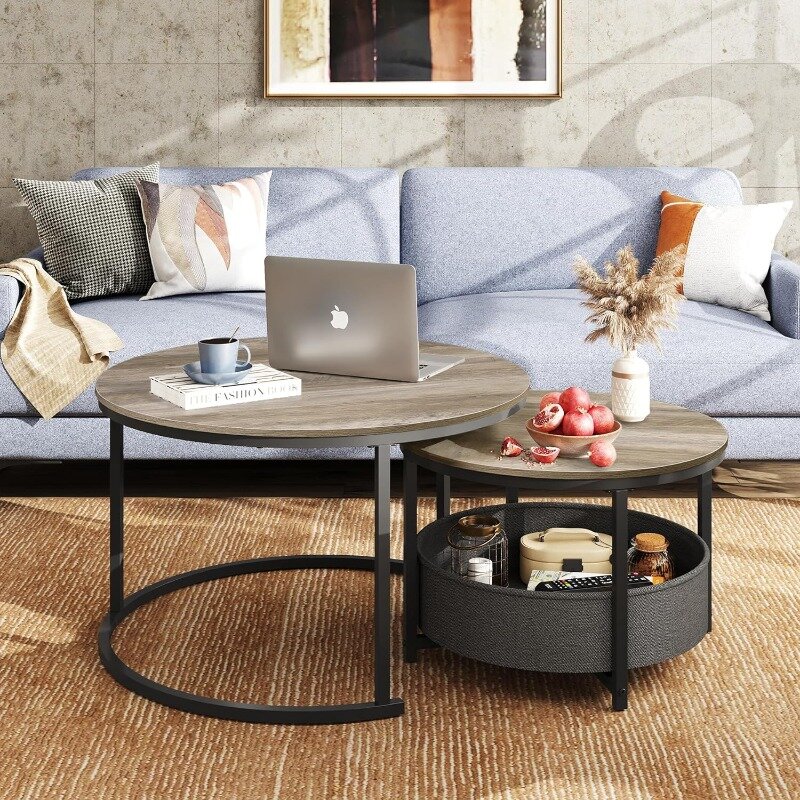 リビングルーム用の丸いコーヒーテーブル、小さなスペース用の収納付きの小さな円のテーブル、金属フレーム、2〜32インチのセット