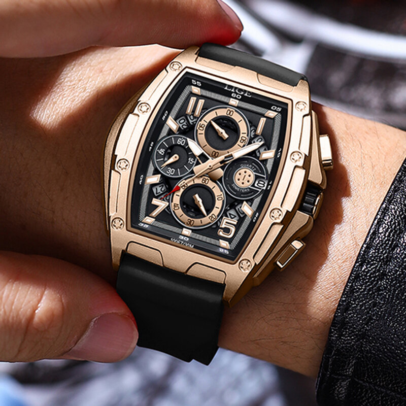 LIGE 남성용 실리콘 쿼츠 손목 시계, 방수 스포츠 시계, 최고 브랜드, 럭셔리 남성 시계