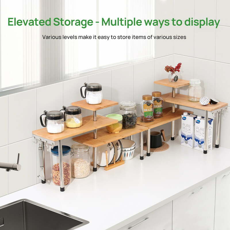 3 Tier Kitchen Desktop Corner Shelving Unit Bamboo and Stainless Steel Kitchen Storage with 4 Hooks