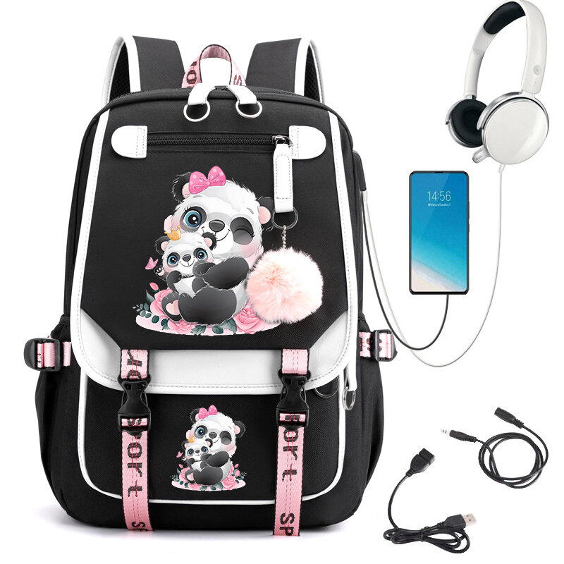 Cute Little Panda with Watercolor Cartoon School Bag for Teenager Girls Backpack Anime Cartoon Bagpack Student Backpack Usb Bags