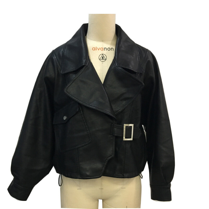 Jaqueta casual de couro PU feminina, casaco solto manga comprida, moda, 2024