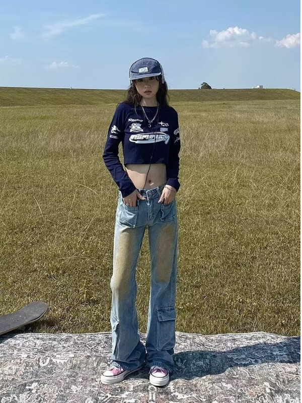 Модные женские джинсы Новинка весна-осень тонкие и маленькие стильные свободные прямые широкие брюки