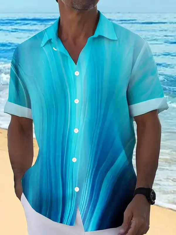 Camisa hawaiana para hombre, estampado de patrón de bloque geométrico sólido 3D, camisa de manga corta con cuello en V, adecuada para vacaciones de verano, plus siz