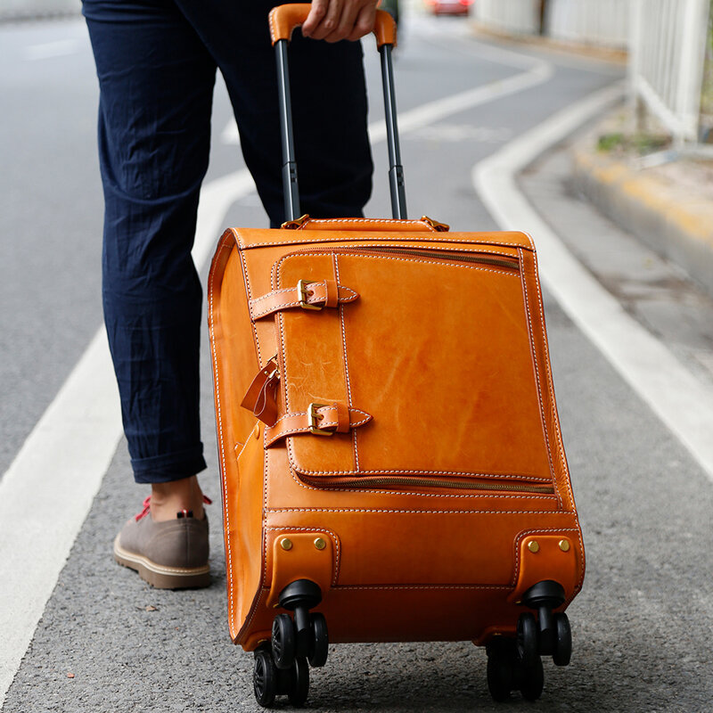 Skórzana walizka kabinowa kobiety mężczyźni duże torby podróżne z kółkami Business 20 cali Rolling wózek do bagażu