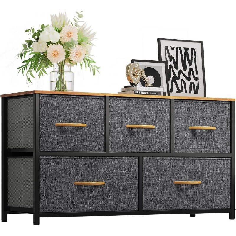 Dresser with 5 Drawers - Fabric Storage Tower, Organizer Unit for Bedroom, Living Room, Closets - Sturdy Steel Frame, Wooden Top