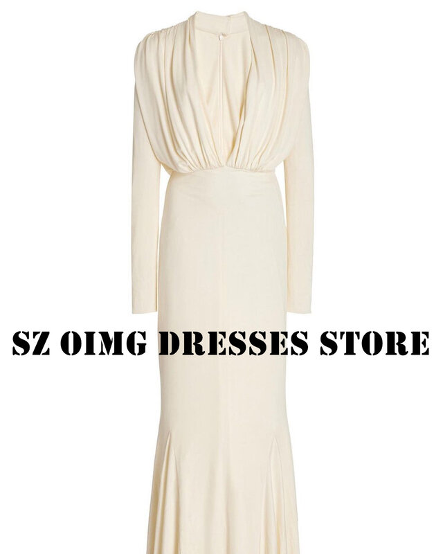 OIMG New Design Deep V-Neck Ivory Prom Dresses Arabic Women Long Sleeves Charmed Ruched Evening Gowns Formal Party Dress