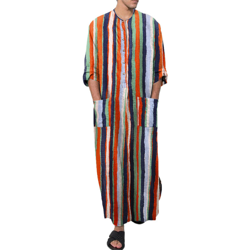 2024 Men's Muslim Long Sleeve Cotton Striped Robes Islamic Arabian Ethnic Kaftan Summer Dubai Abaya Retro Nightgown Bathrobe