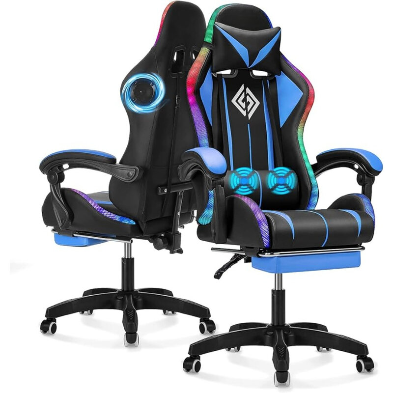 Silla ergonómica con luces para videojuegos, Sillón de masaje con reposapiés, espalda alta con soporte Lumbar, color azul y negro, ideal para jugadores de oficina