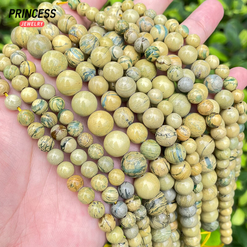 A+ Natural Green Dragon Pattern Stone Yellow Variscite Beads for Jewelry Making Bracelet Necklace DIY Accessories 6 8 10mm