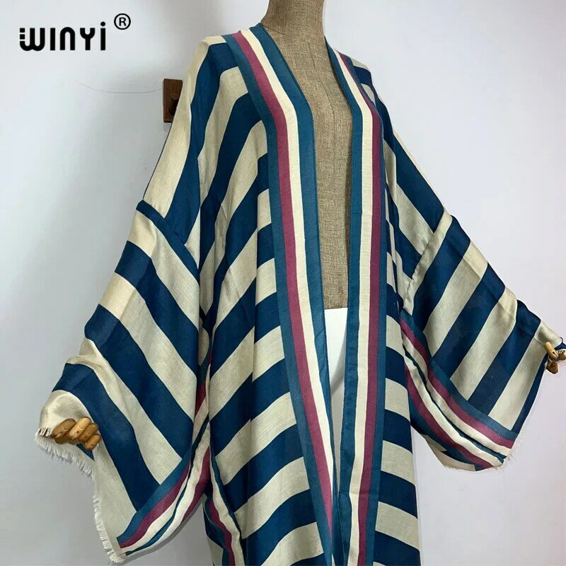 WINYI-Kimono elegante com estampa listra para praia, cardigã sexy, Maxi Beach Wear, vestido de noite, vestido maxi, África Summer, Boho