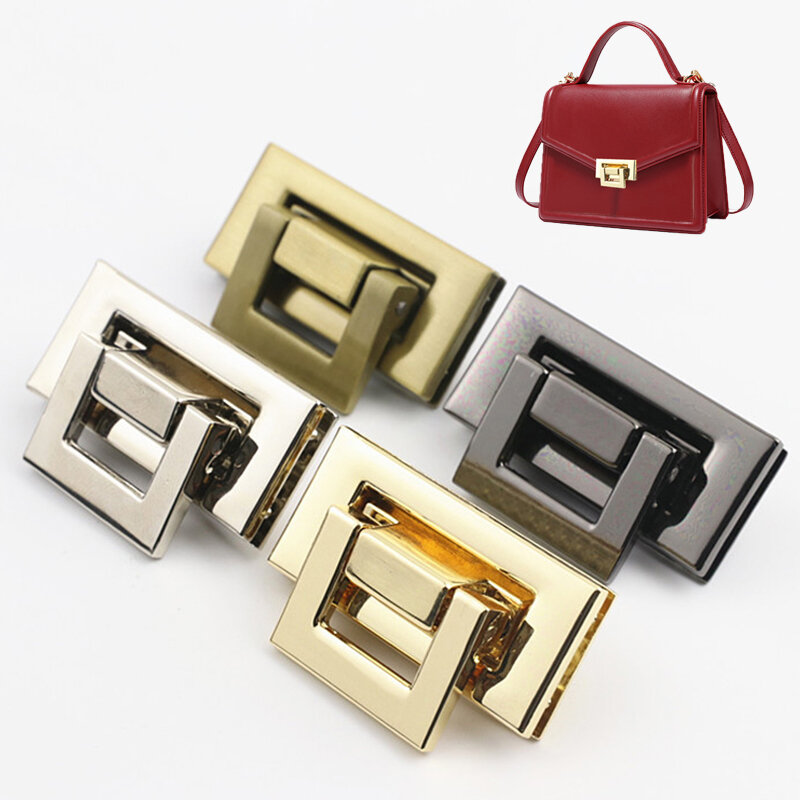 1 buah tas bahu kecil persegi logam, kunci putar, tas wanita Kerajinan Kulit gesper, tas tangan, tas bahu, dompet, tas perangkat keras DIY