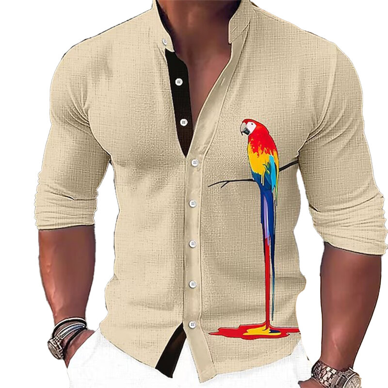 Camisa de manga longa com estampa papagaio masculina, design simples, top macio e confortável em tecido, alta definição, nova moda, 2024