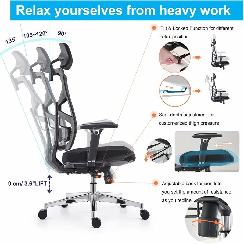 Ergonomiczne krzesło biurowe z adaptacyjnym oparciem, wysokim oparciem krzesło biurowe komputera z podłokietnikami 4D, regulowany fotel głębokość