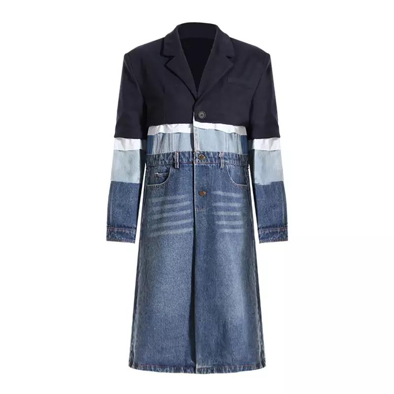 Fato formal denim feminino, cor de emenda, moda feminina de trabalho, blazer de manga comprida, casaco primavera, 1 pc