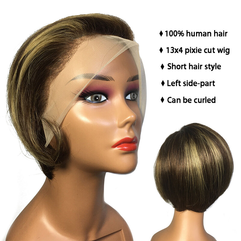 Wig Rambut Manusia Renda 13X4 Bob Pendek Potongan Pixie Wig Depan Renda Transparan Warna Sorot untuk Wanita 4/27 Bob Lurus Brasil