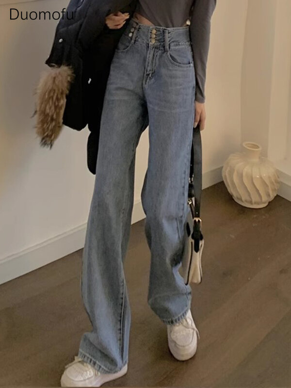 Duomofu Ins Chique Rits Knoop Losse Rechte Vrouwelijke Jeans Zomer Vintage Mode Hoge Taille Slanke Basic Full Length Damesjeans
