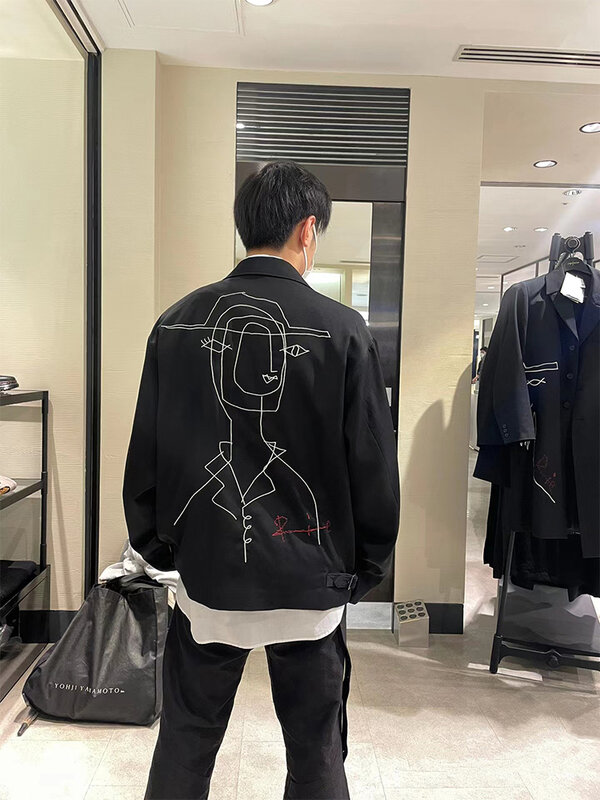 Yohji yamamoto jaquetas para roupas masculinas abstrato retrato bordado casacos novo em outerwears 2023 vestuário jaqueta roupas masculinas