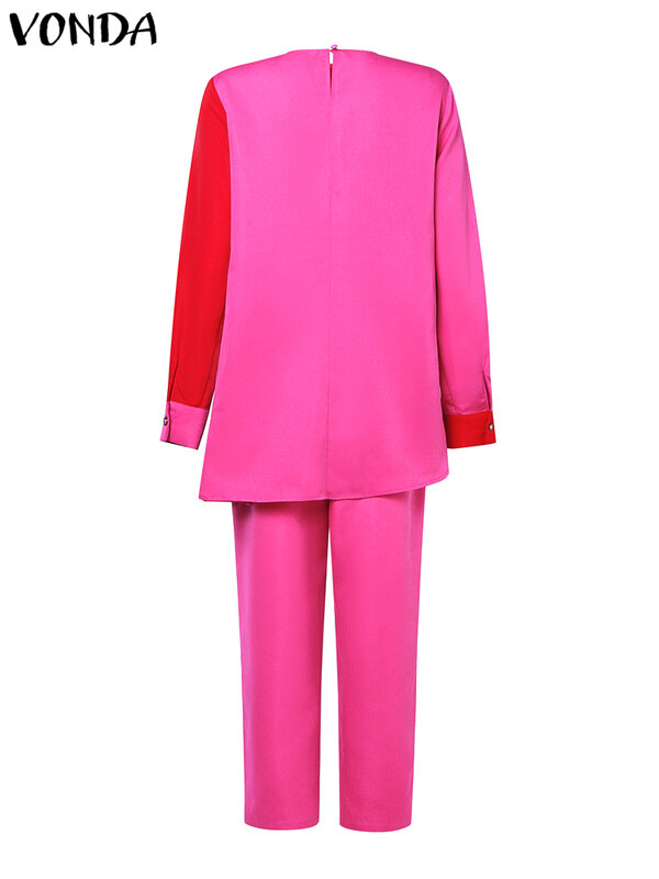 VONDA-Conjunto de pantalón de talla grande para mujer, traje elegante de manga larga, Top informal asimétrico de retales y pantalones largos bohemios