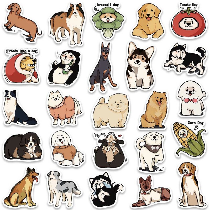 50 buah stiker grafiti kartun lucu hewan anjing untuk Laptop ponsel bagasi gitar Skateboard tahan air stiker vinil