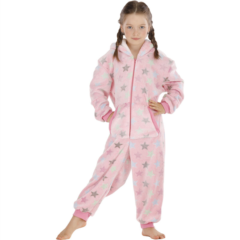 Onesie com capuz para crianças, traje cosplay, pijama de flanela, terno de sono para meninas, inverno