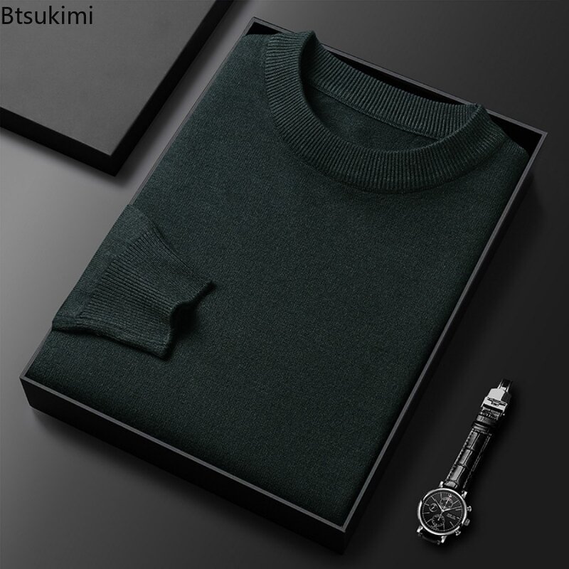 New 2024 Men's Winter Warm Basic Sweaters Solid Round Collar Pullovers Tops Soft Casual Knitted Sweaters Fashion Male Sweaters