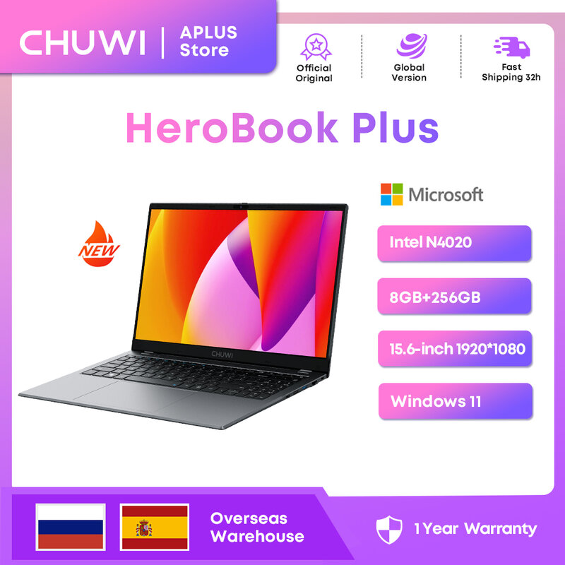 Laptop CHUWI HeroBook Plus, Notebook 15.6 "Intel Celeron N4020, RAM 8GB SSD 256GB komputer murah FHD 1920*1080P