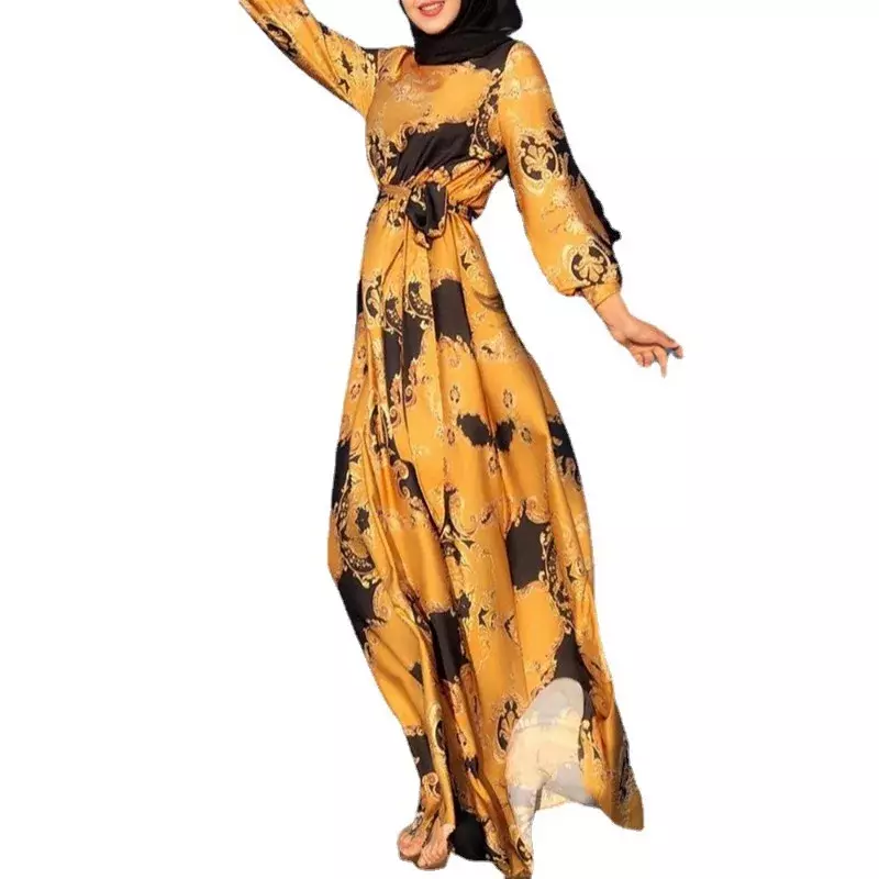 Moda donna musulmana stampa abito manica lunga elegante Jilbaab caftano caftano abito lungo islamico Abaya