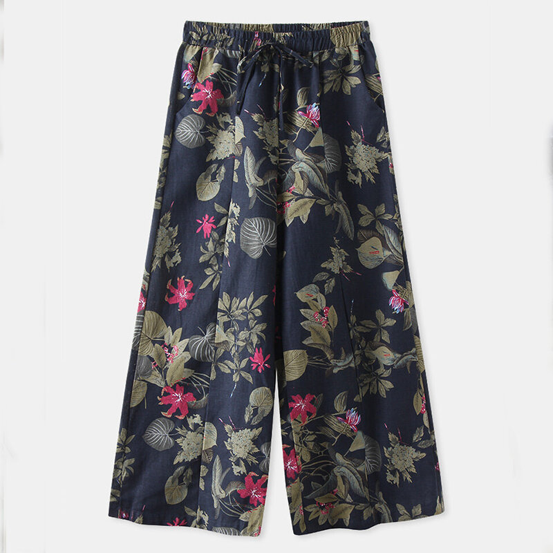 Summer Cotton Linen Floral Print High Waist Straight Pants Women Loose Casual Wide Leg Pants Female Vintage Fashion Lady Trouser