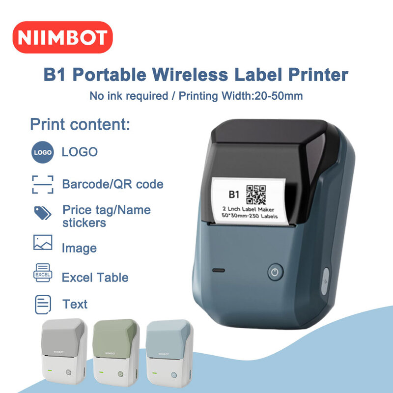 NIIMBOT-Impresora térmica portátil B1, máquina de impresión de etiquetas, Mini código de barras, pegatina de código QR, 20-50mm, rollos de papel