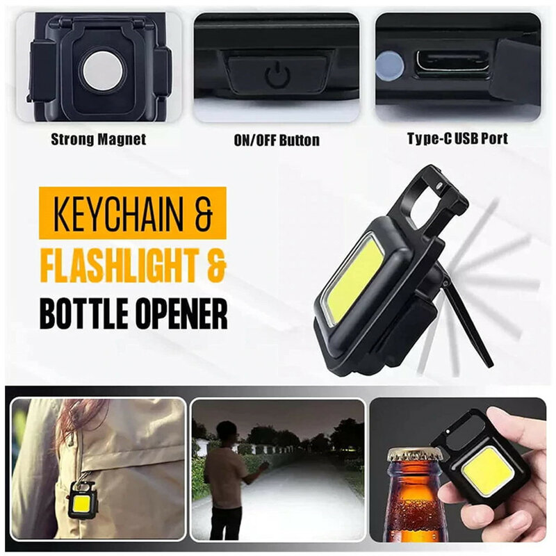 Mini linterna de bolsillo portátil recargable por USB, luz de trabajo COB, llaveros LED, Sacacorchos de emergencia para acampar al aire libre, pesca, 2 uds.